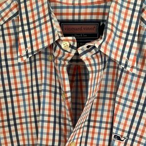 Vineyard Vines Men’s Whale Shirt - Medium, Orange & Blue Check, 100% Cotton